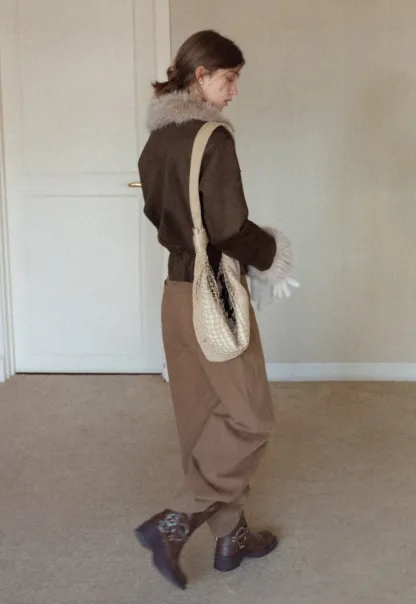 Women Faux Suede Fur Trim Short Winter Jacket