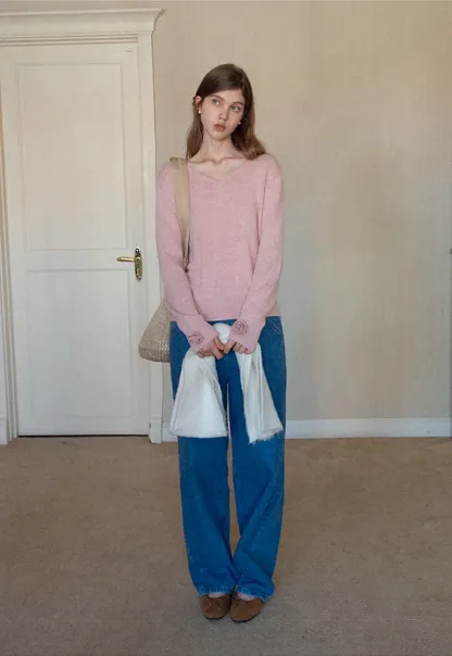 Women V-Neck Knit Sweater with Bow Cuff Detail