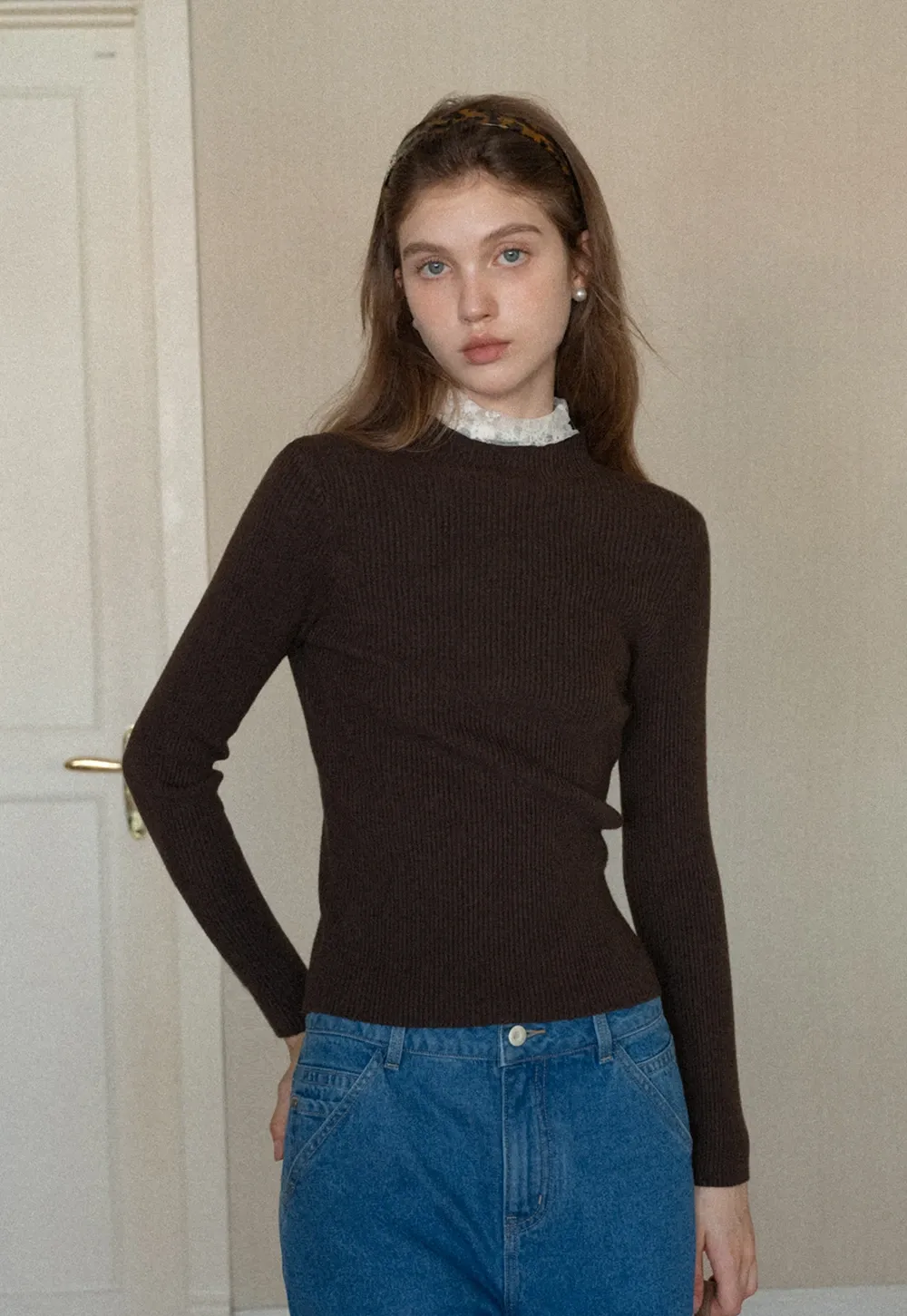 Womens Ribbed Mock Neck Top with Lace Buttons