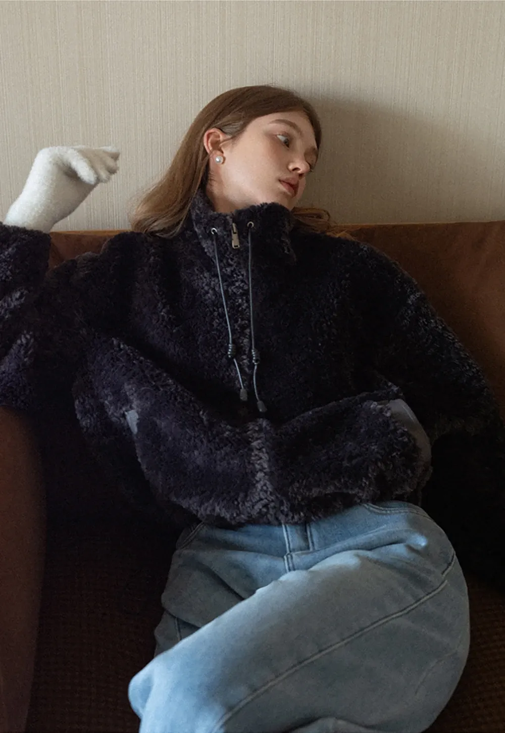 Womens Oversized Stand Collar Faux Leather and Sherpa Jacket