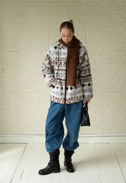 Women Patterned Fleece Jacket with Hood