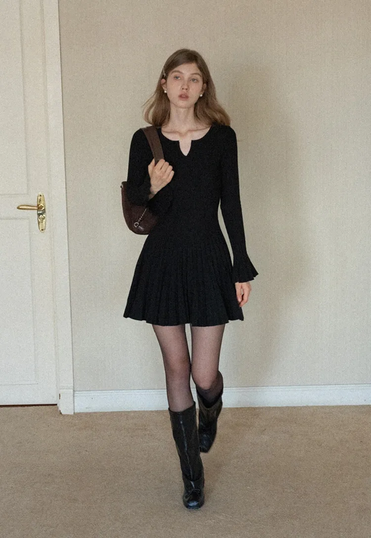 Black Pleated Dress with Bell Sleeves for Women