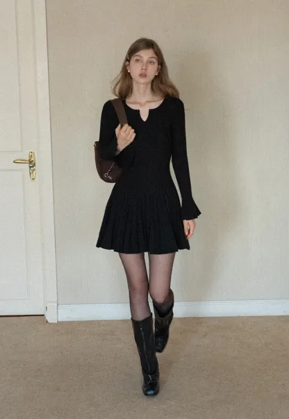 Black Pleated Dress with Bell Sleeves for Women