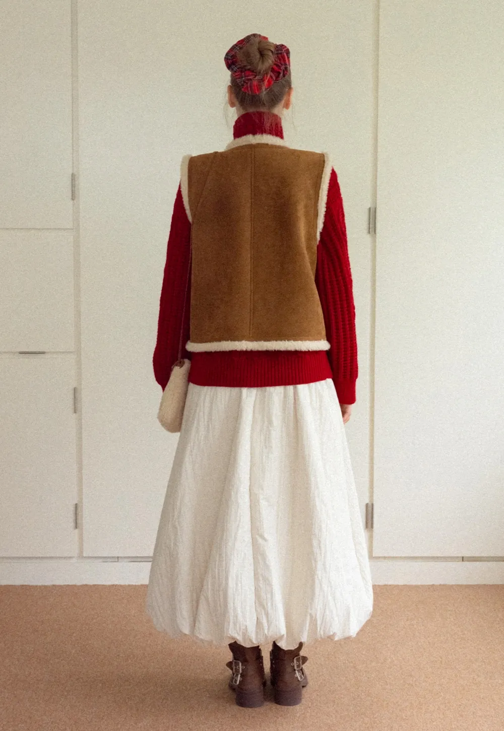 Women Brown Suede Shearling Vest with Warm Fleece Lining