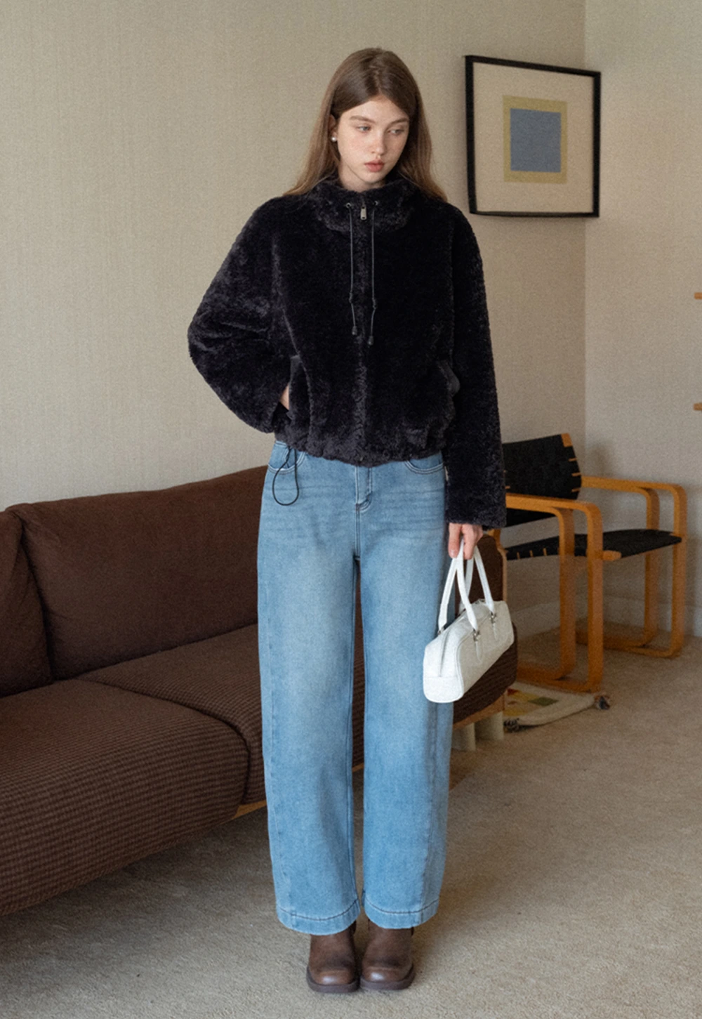 Wide-Leg Denim Jeans with Belt and Charm Detail