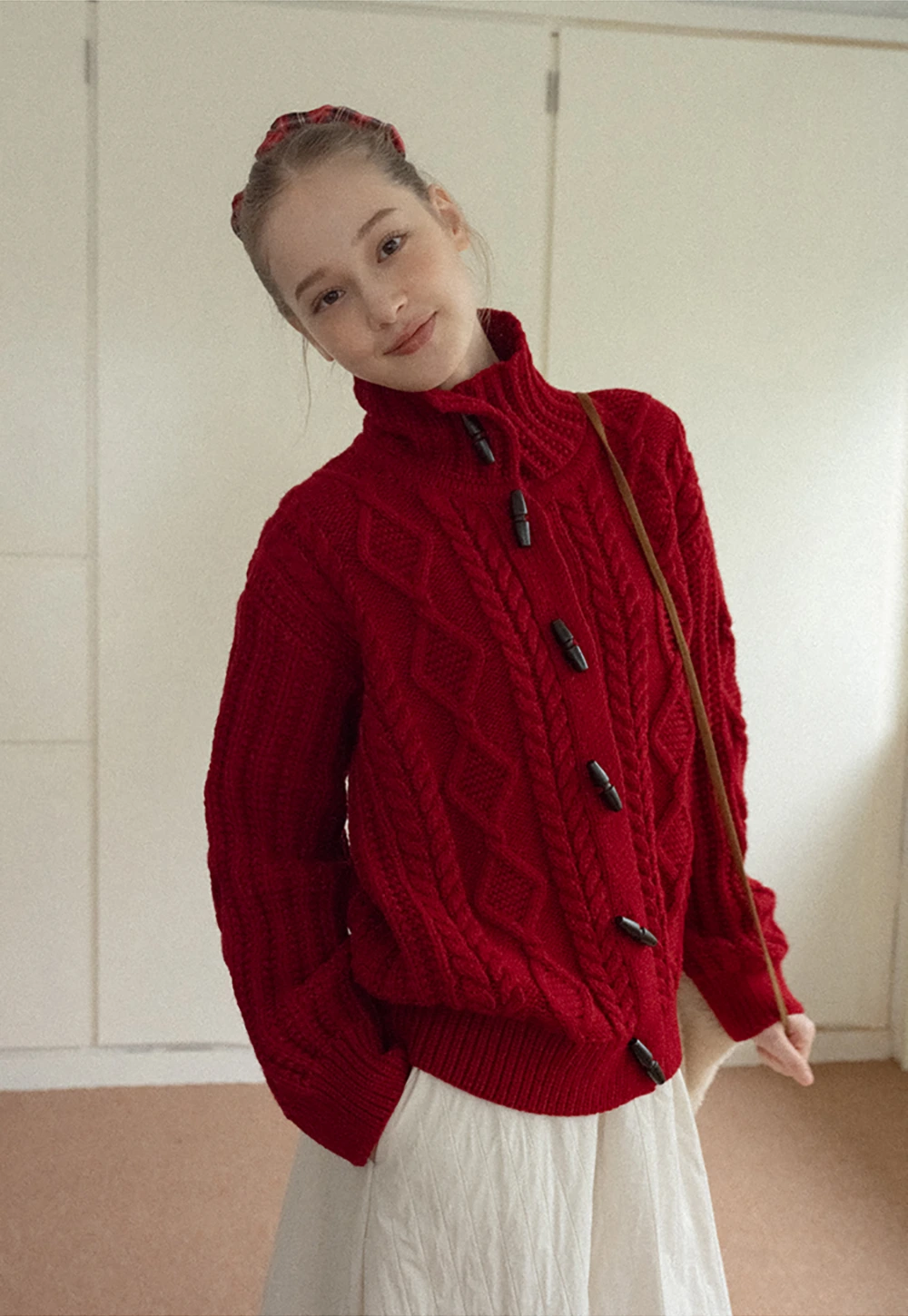 Loose Fit Turtleneck Sweater Cardigan with Cable Knit and Toggle Closure