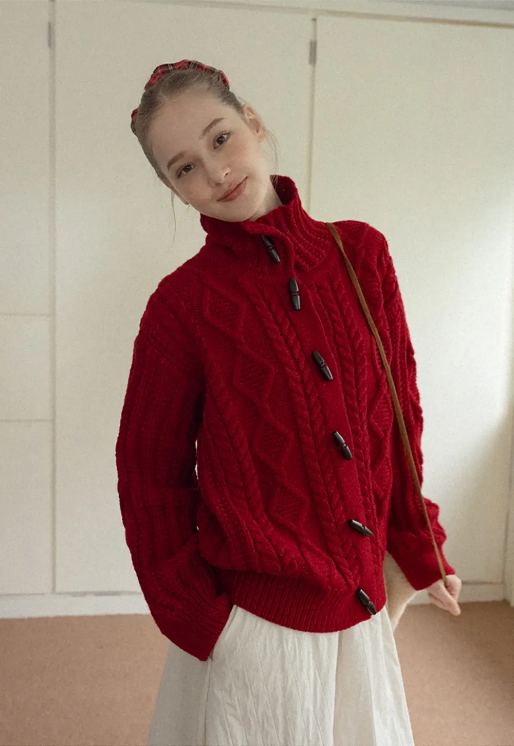 Loose Fit Turtleneck Sweater Cardigan with Cable Knit and Toggle Closure