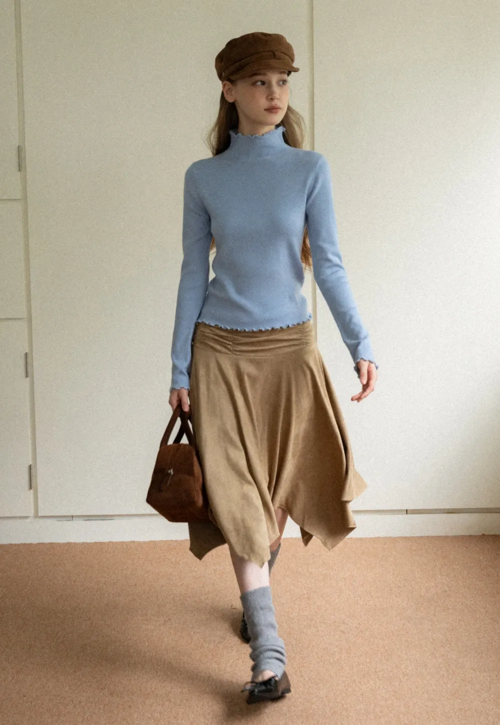 Chic Light Blue Ruffle Trim Turtleneck Sweater