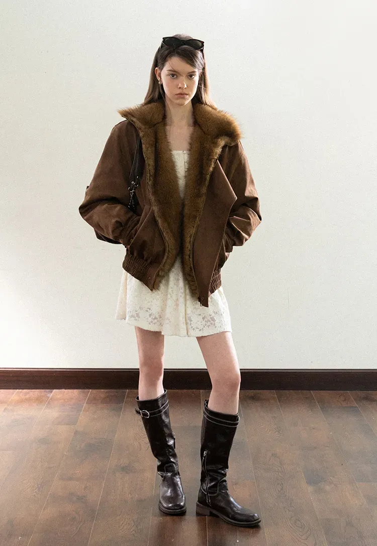 Faux Suede Jacket with Fur Collar