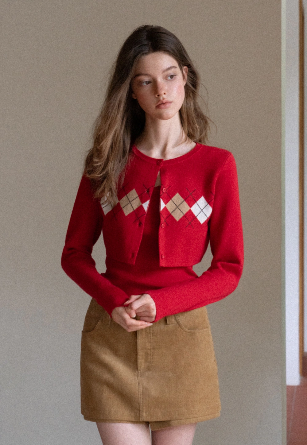 Women Red Tank Top and Argyle Cardigan Set