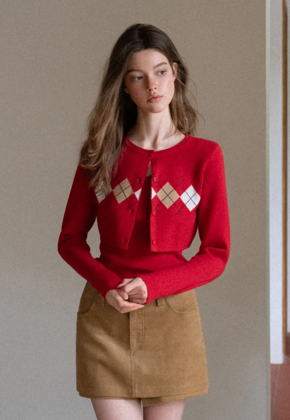 Women Red Tank Top and Argyle Cardigan Set