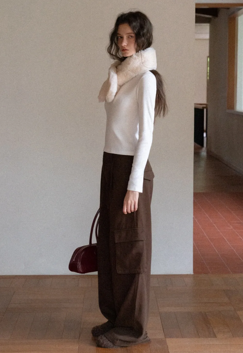 Women Brown Wide-Leg Cargo Pants with Pockets