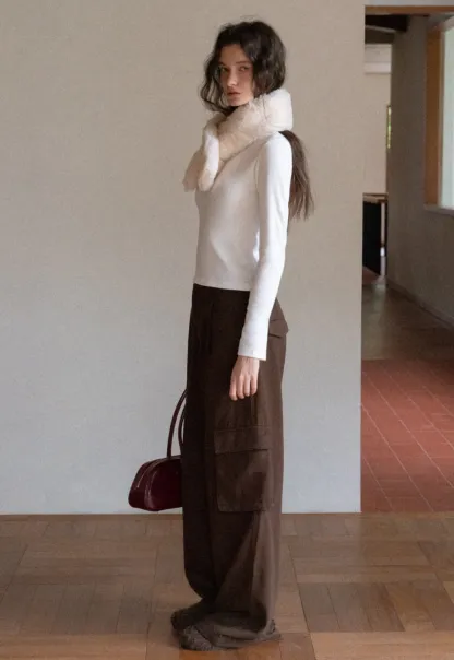 Women Brown Wide-Leg Cargo Pants with Pockets