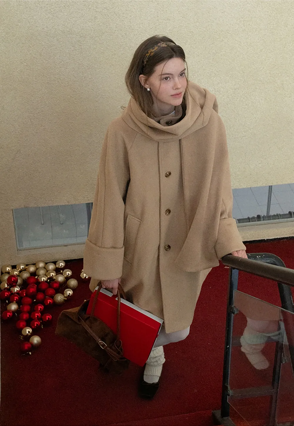 Women Wool Coat with Attached Scarf