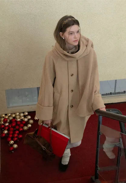 Women Wool Coat with Attached Scarf