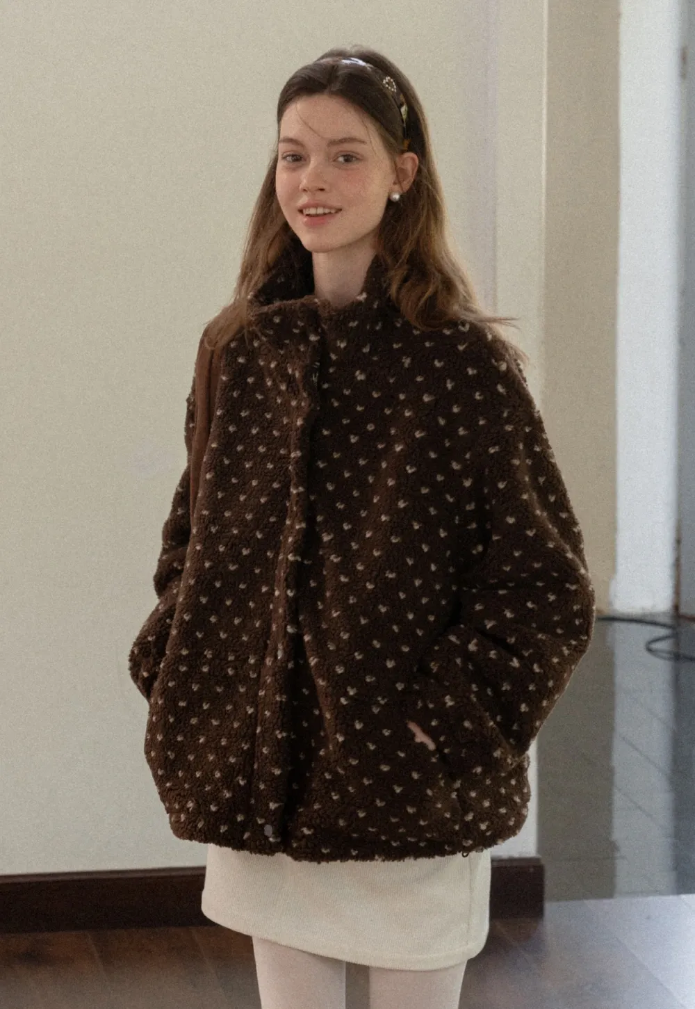 Women Cozy Fleece Jacket with Cute Heart Pattern