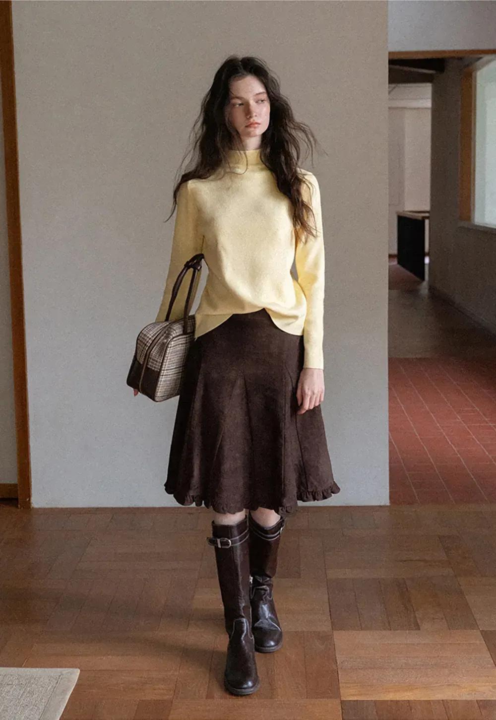 Ruffled Hem Suede A-Line Skirt