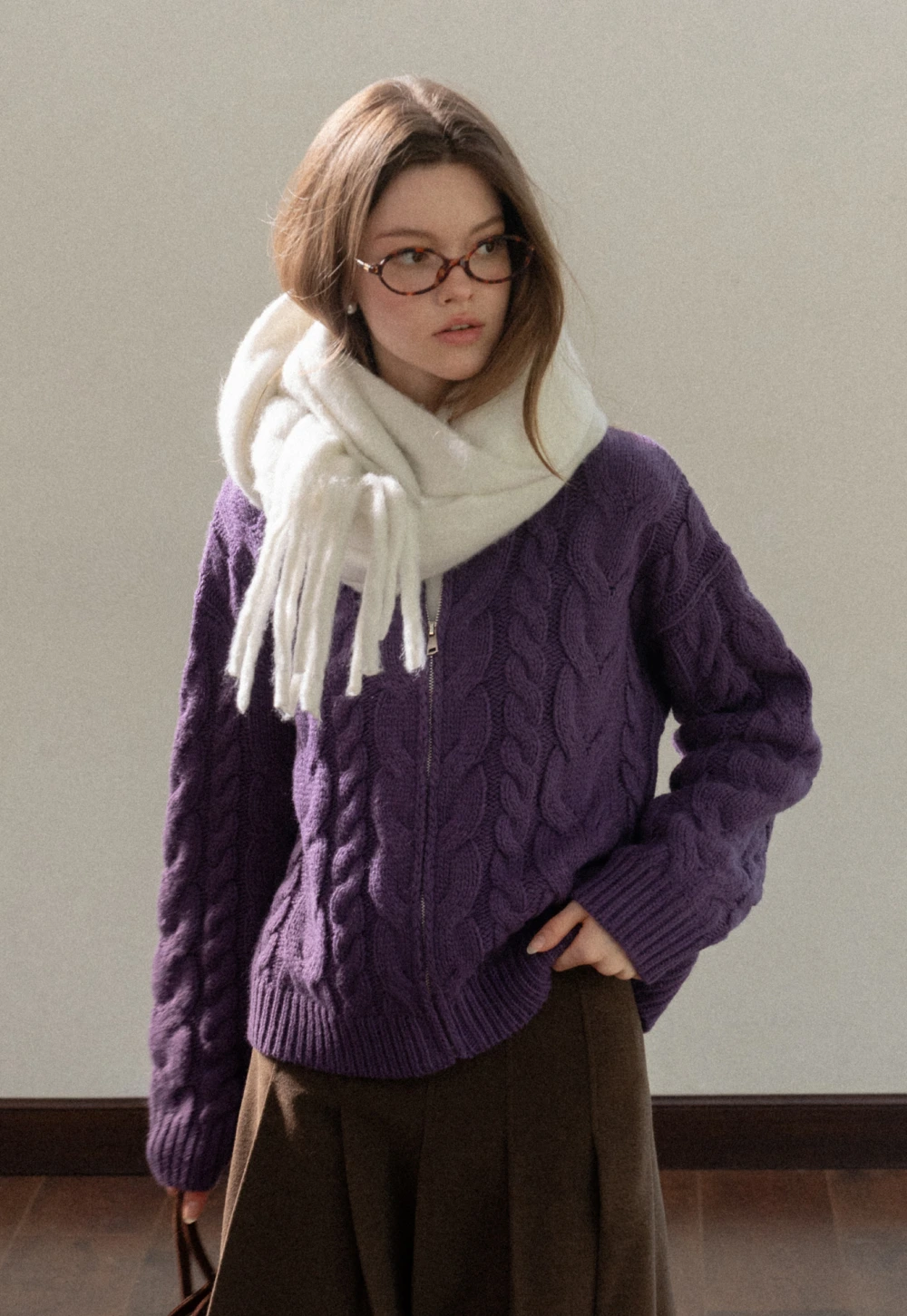 Stand-Collar Cable Zip Sweater