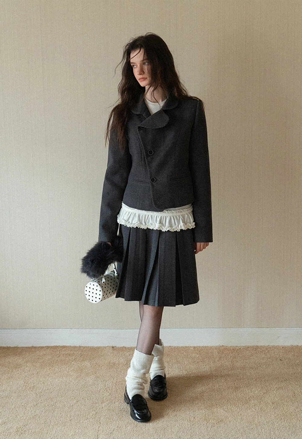 Women Vintage Blazer and Pleated Skirt Two Piece Set