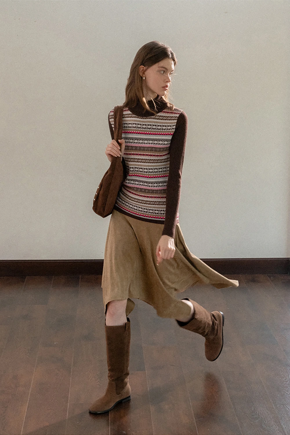 Knitted Turtleneck Top with Colorful Nordic Stripes