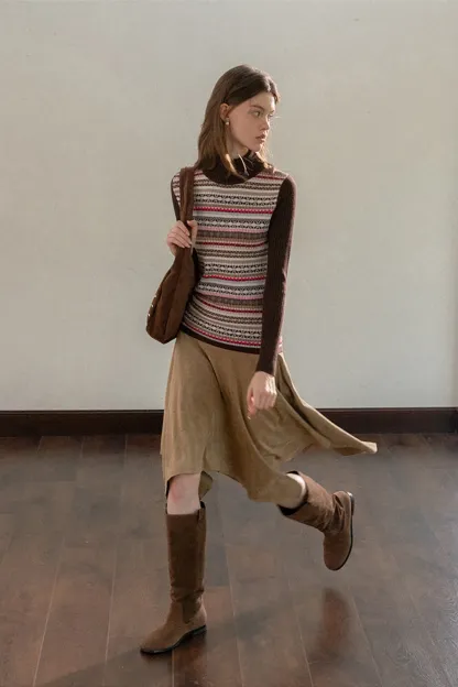 Knitted Turtleneck Top with Colorful Nordic Stripes
