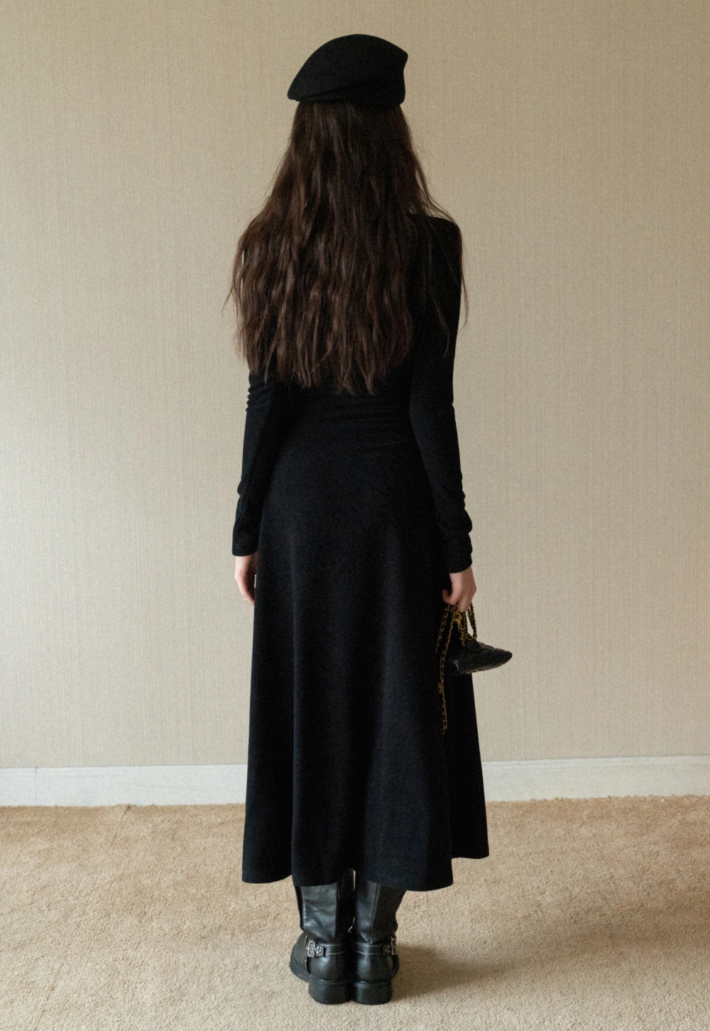 Black Long Sleeve Dress with Grey Cardigan Set