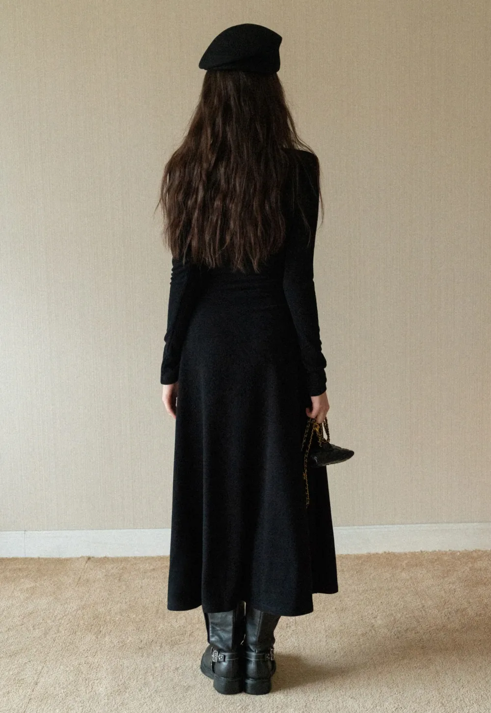 Black Long Sleeve Dress with Grey Cardigan Set