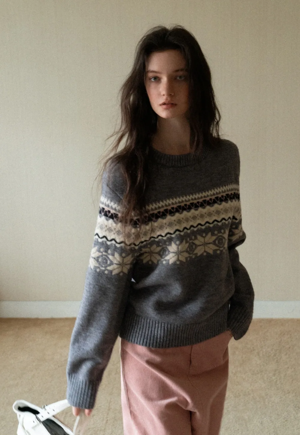 Gray Knit Sweater with Fair Isle Pattern