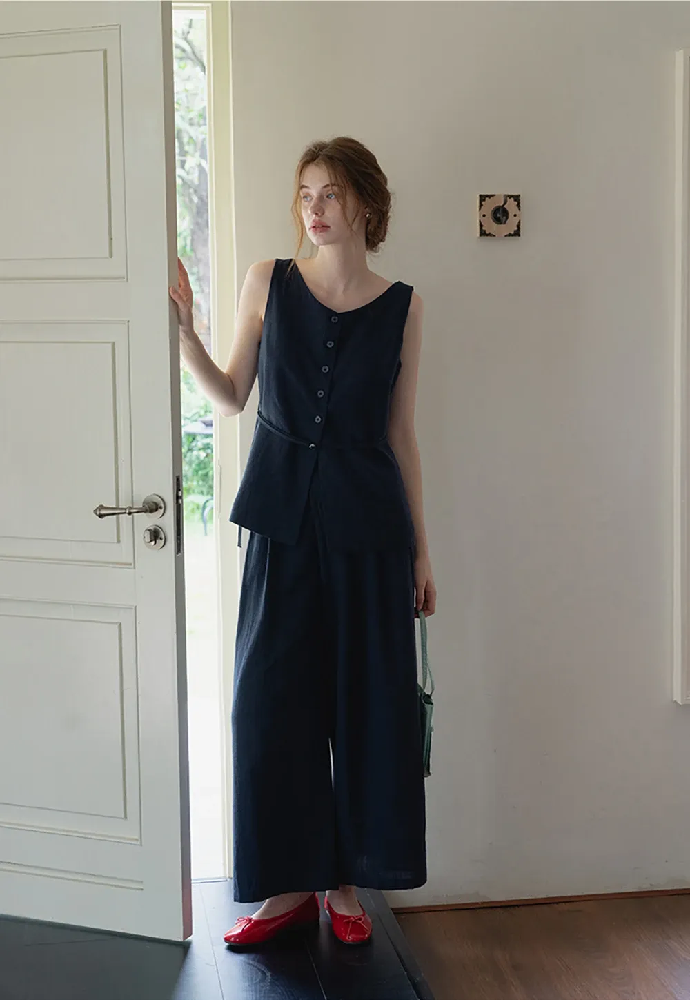 Women’s Button Vest & Wide-Leg Pants Set with Waist Cord