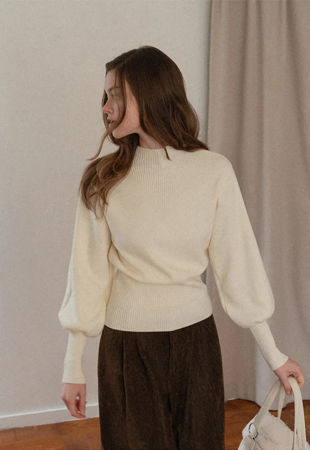 Ribbed High-Neck Sweater with Balloon Sleeves