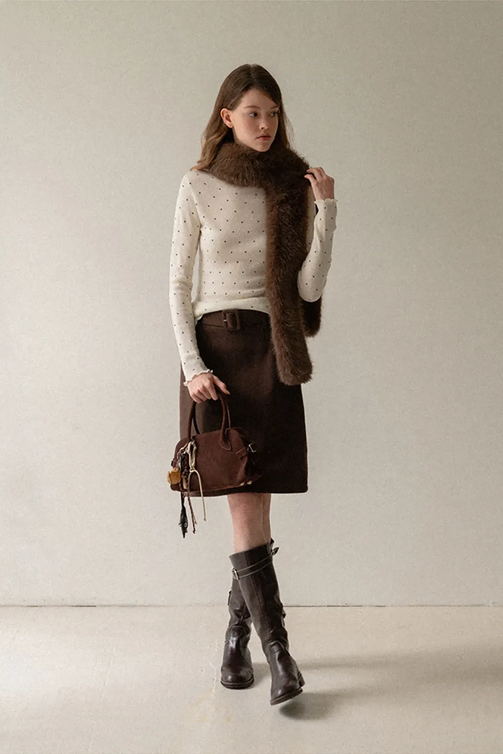 Polka Dot High Neck Ruffle Knit Top