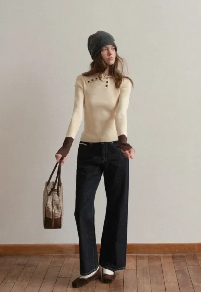 Women Stylish Ribbed Knit Top with Button Neck