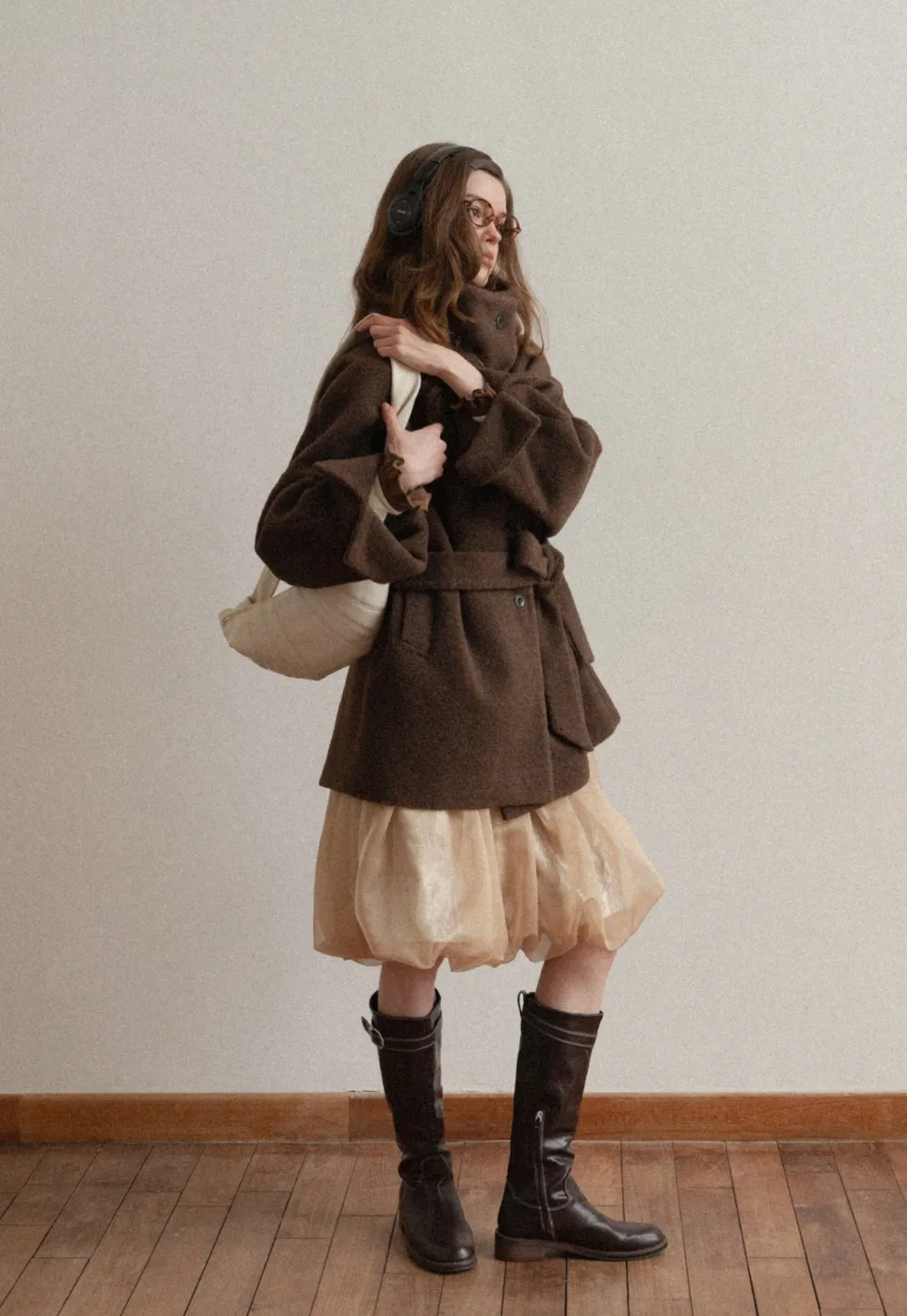 Winter Woolen Coat with Belt and Button Fastening