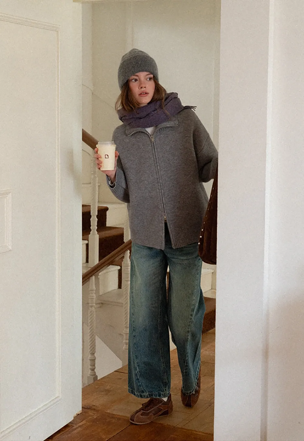 Women Grey Zip-Up Sweater with Ribbed Collar