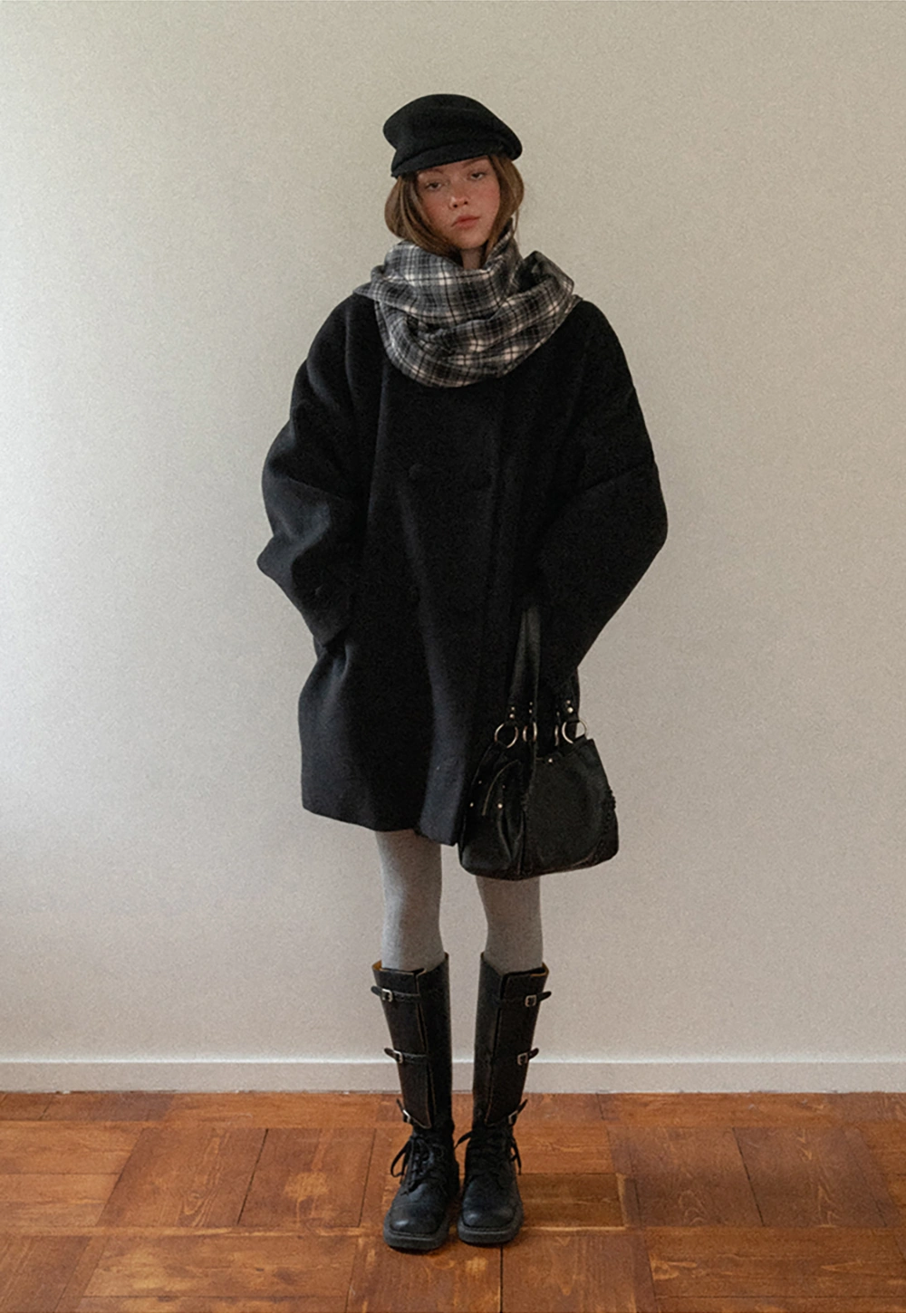 Women Black Wool Coat with Plaid Scarf Set