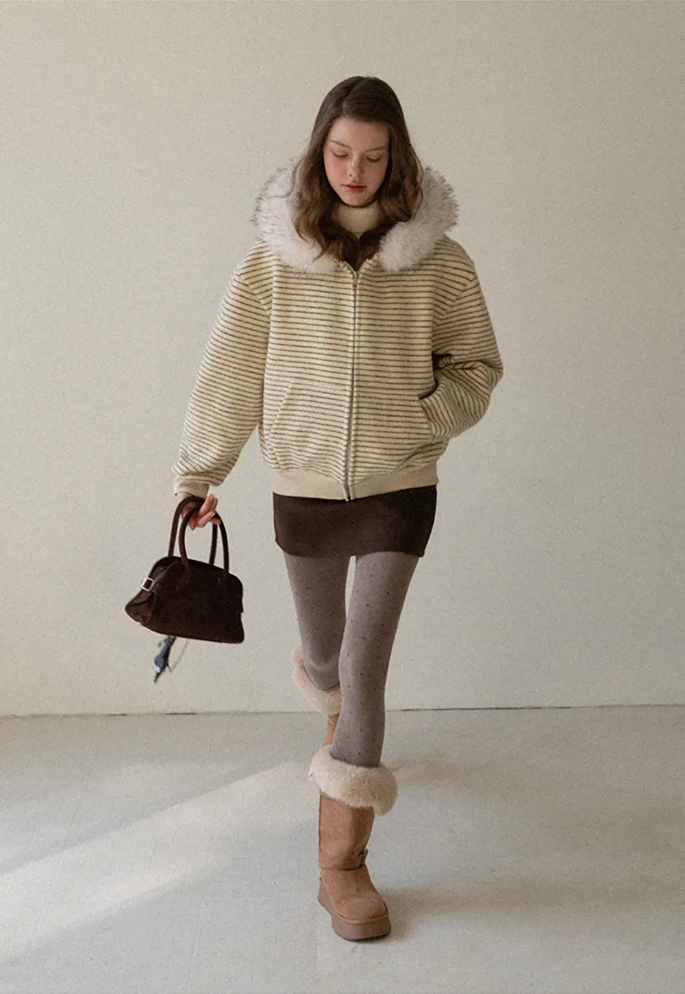 Women Striped Zip-Up Hoodie with Fur Collar