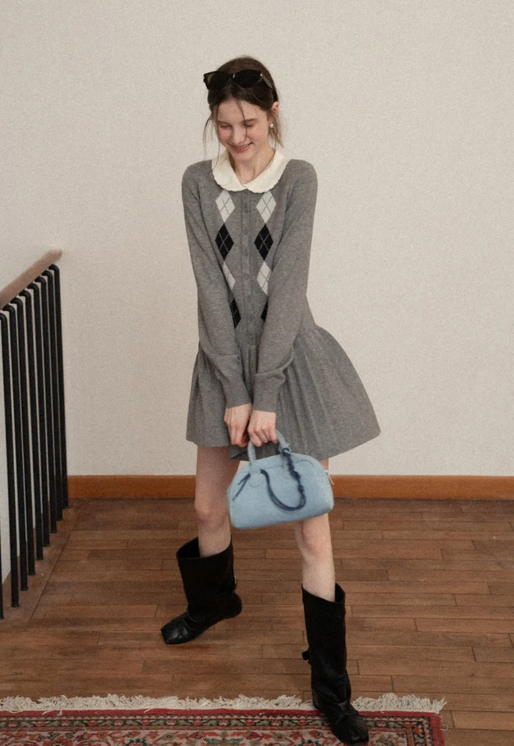 Argyle Knit Dress with Peter Pan Collar