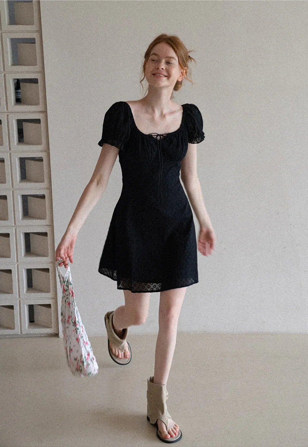 Women’s Puff Sleeve Tie-Front Eyelet Mini Dress