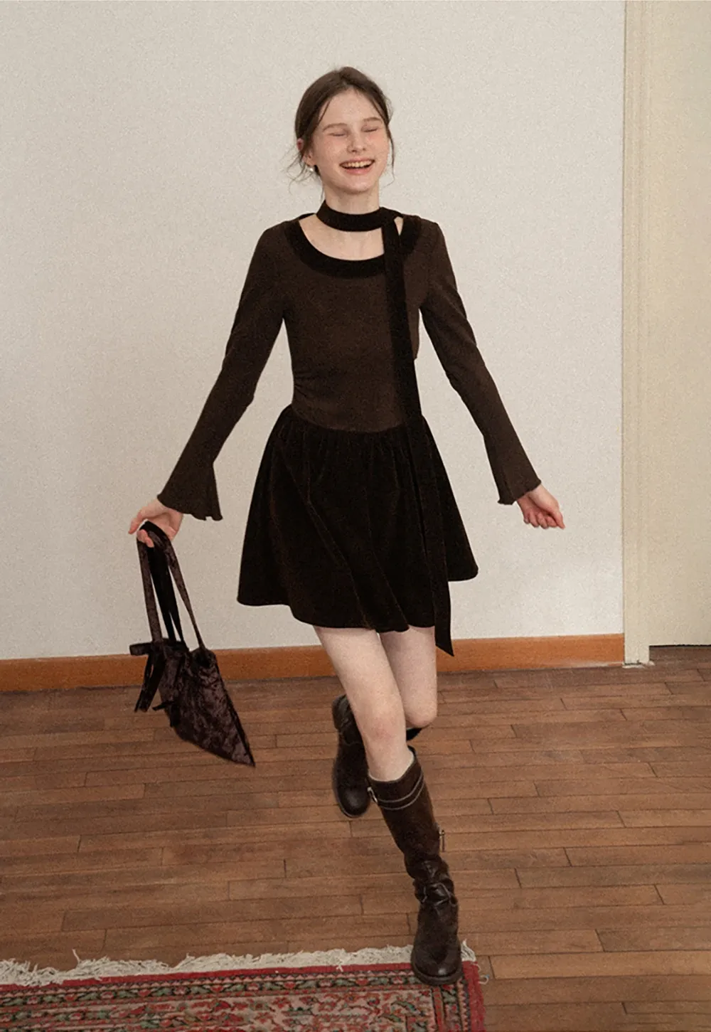 Chic Brown Velvet Mini Dress with Bell Sleeves