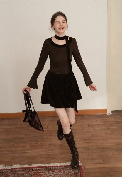 Chic Brown Velvet Mini Dress with Bell Sleeves