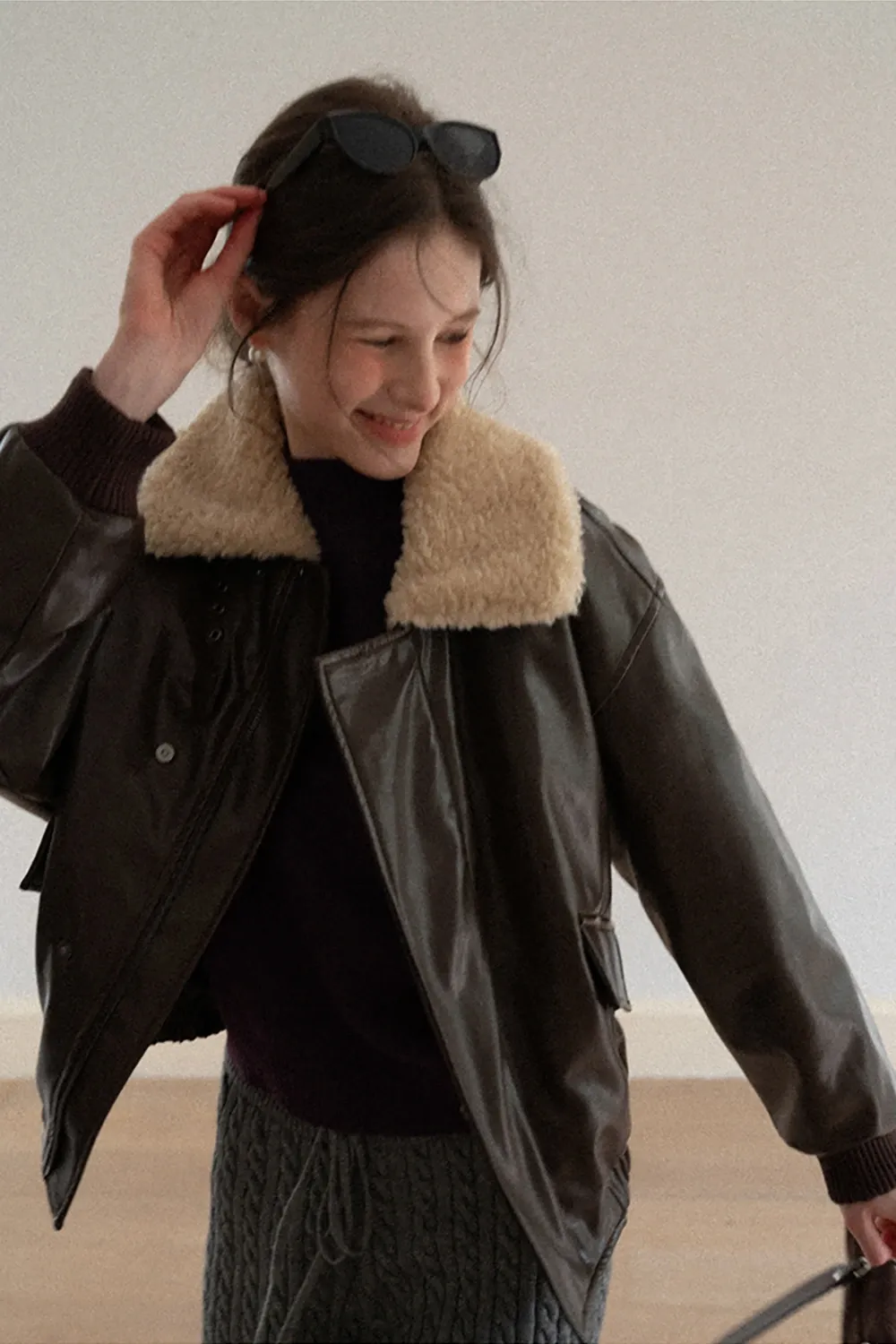 Faux Leather Bomber Jacket with Fur Collar