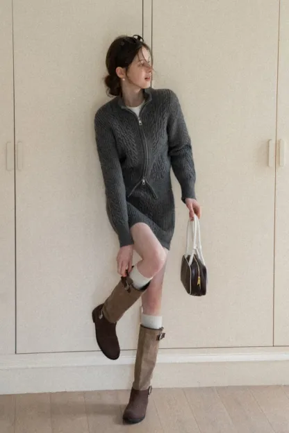 Cable Knit Zip-Up Sweater and Skirt Set