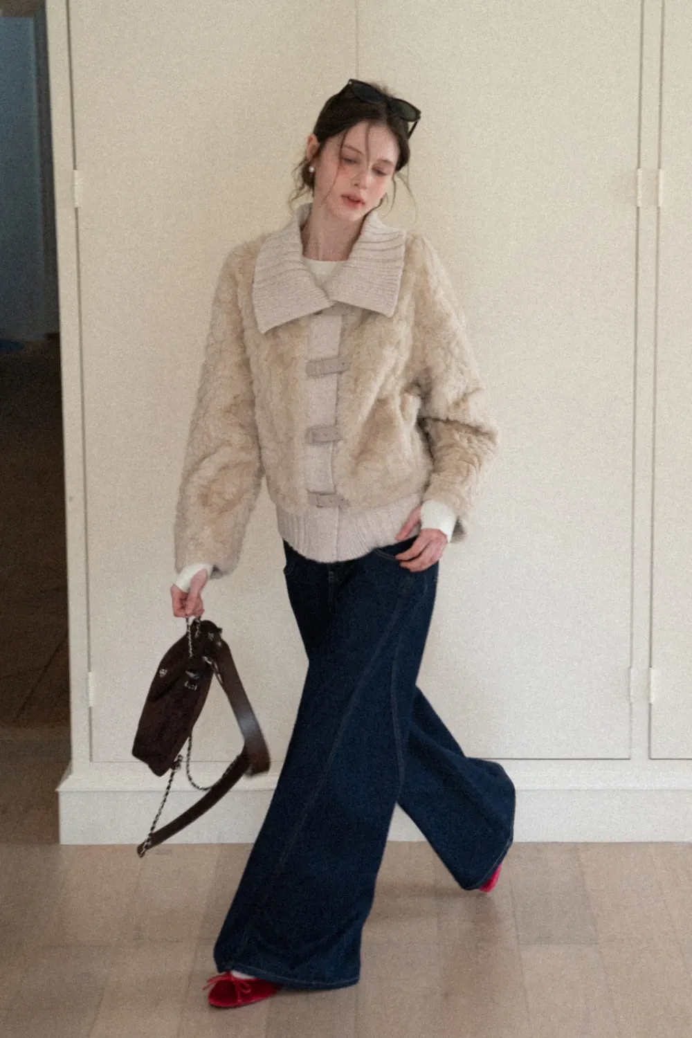 Collar Knit Patchwork Faux Shearling Coat