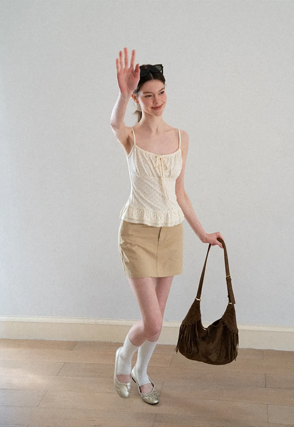 Polka Dot Drawstring Square Neck Tank Top