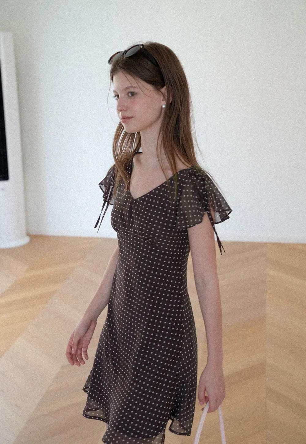 Polka Dot V Neck Tie Sleeve A Line Dress