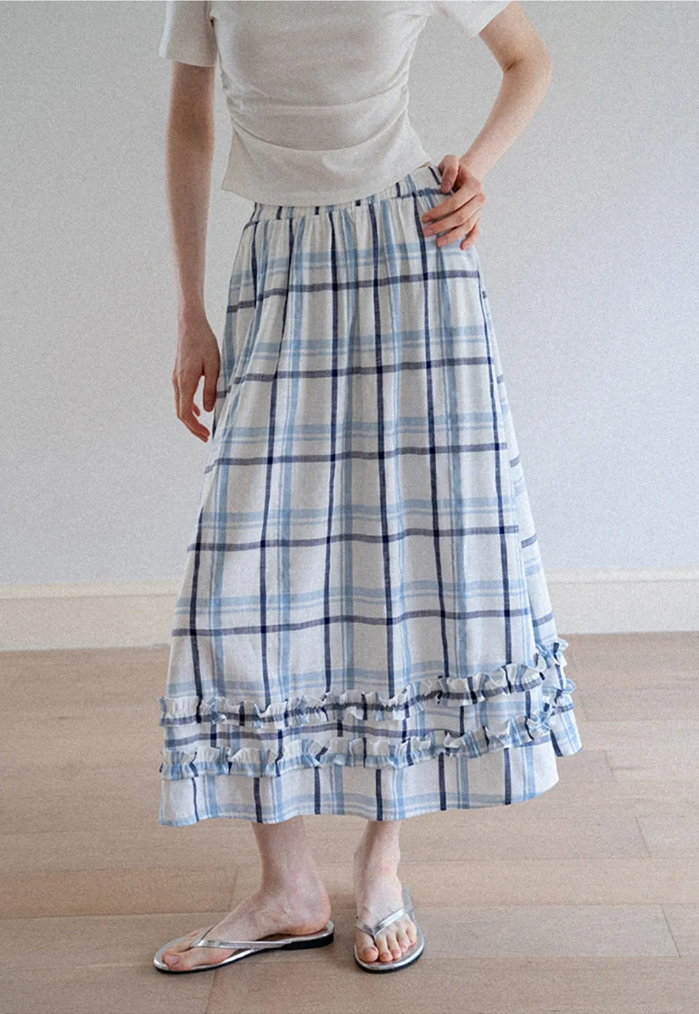 Blue-Check Ruffled Hem Midi Skirt