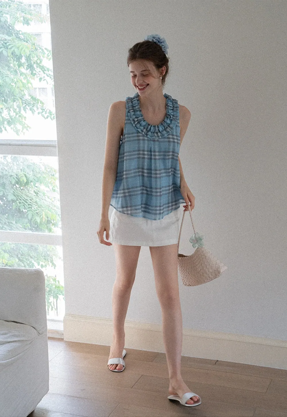 Women’s Ruffle Trim U-Neck Plaid Tank Top