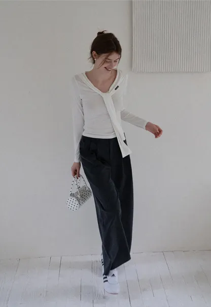 Off-shoulder Tie-detail Long Sleeve Knit Top