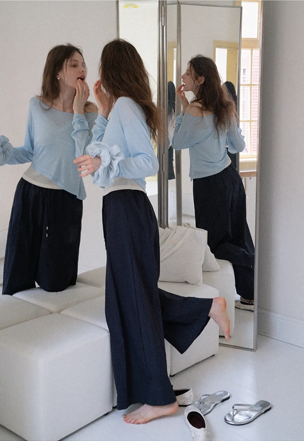 Asymmetrical Long Sleeve & Ruched Cami Set