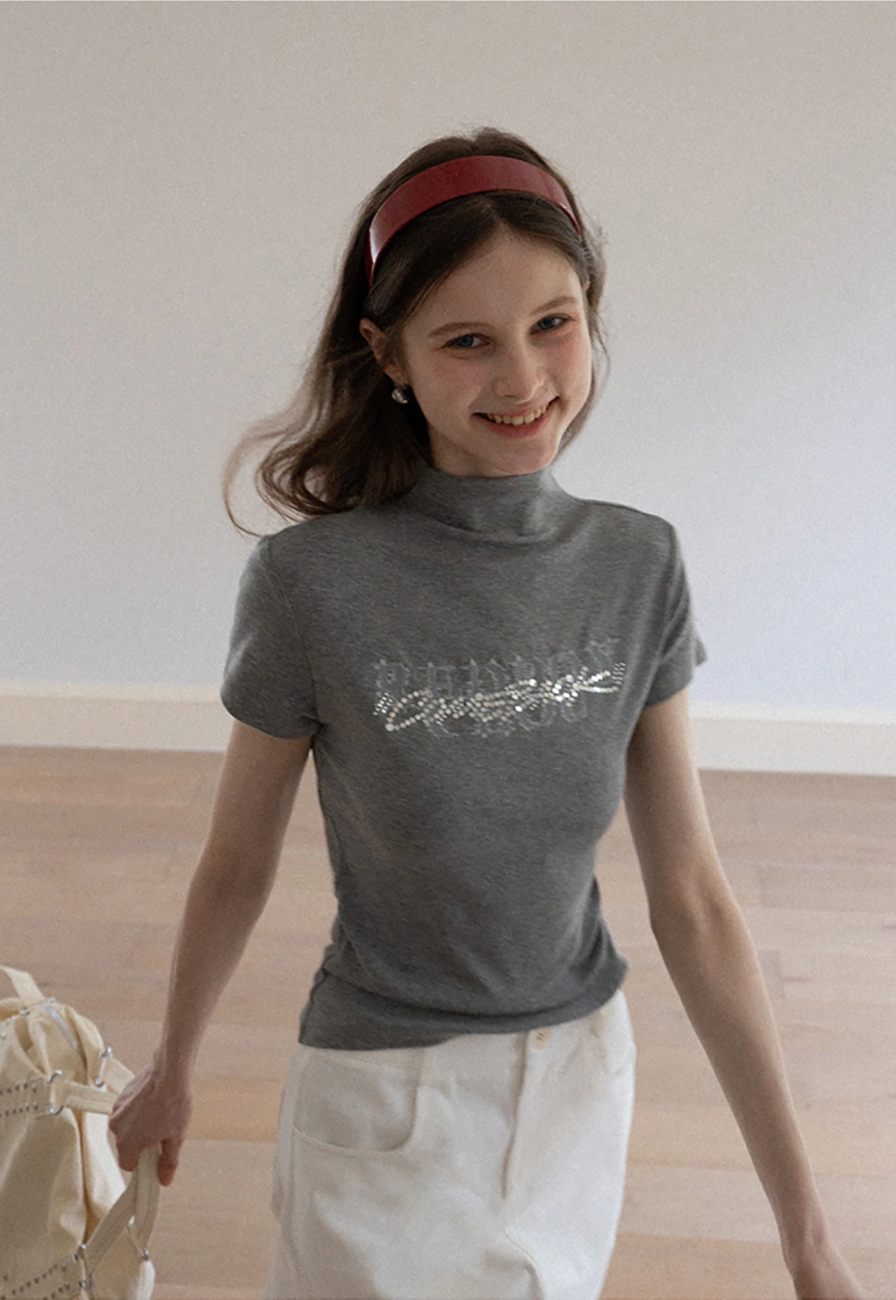 Women's Mock Neck Rhinestone Letter Slim Fit T-Shirt